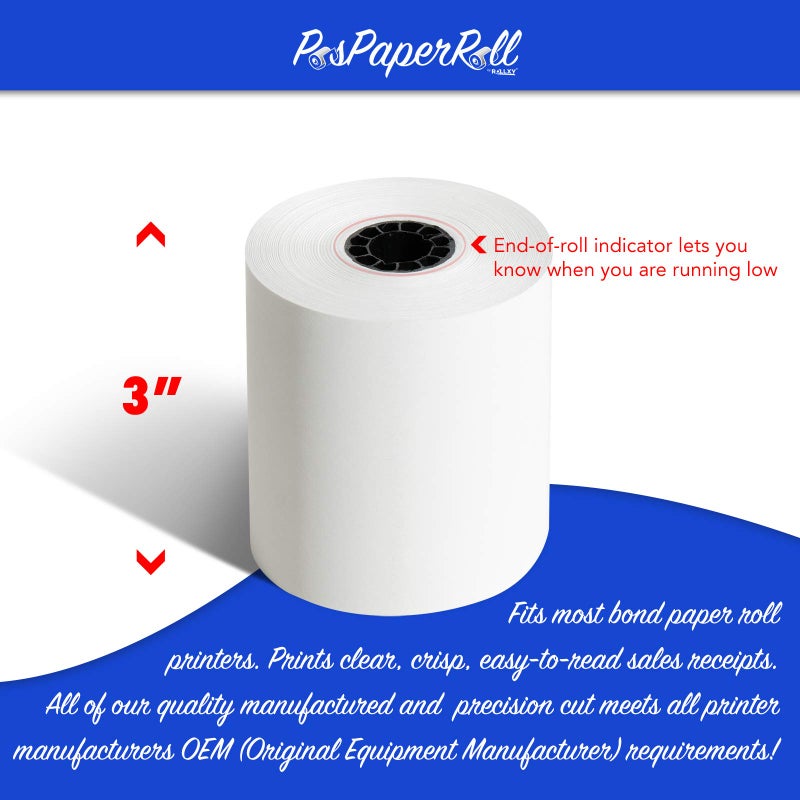 PosPaperRoll 3" x 165' CASH REGISTER ROLLS,1 PLY BOND PRINTER POS PAPER ROLL 50 ROLLS/CASE (Double Solid Core) - Image 2